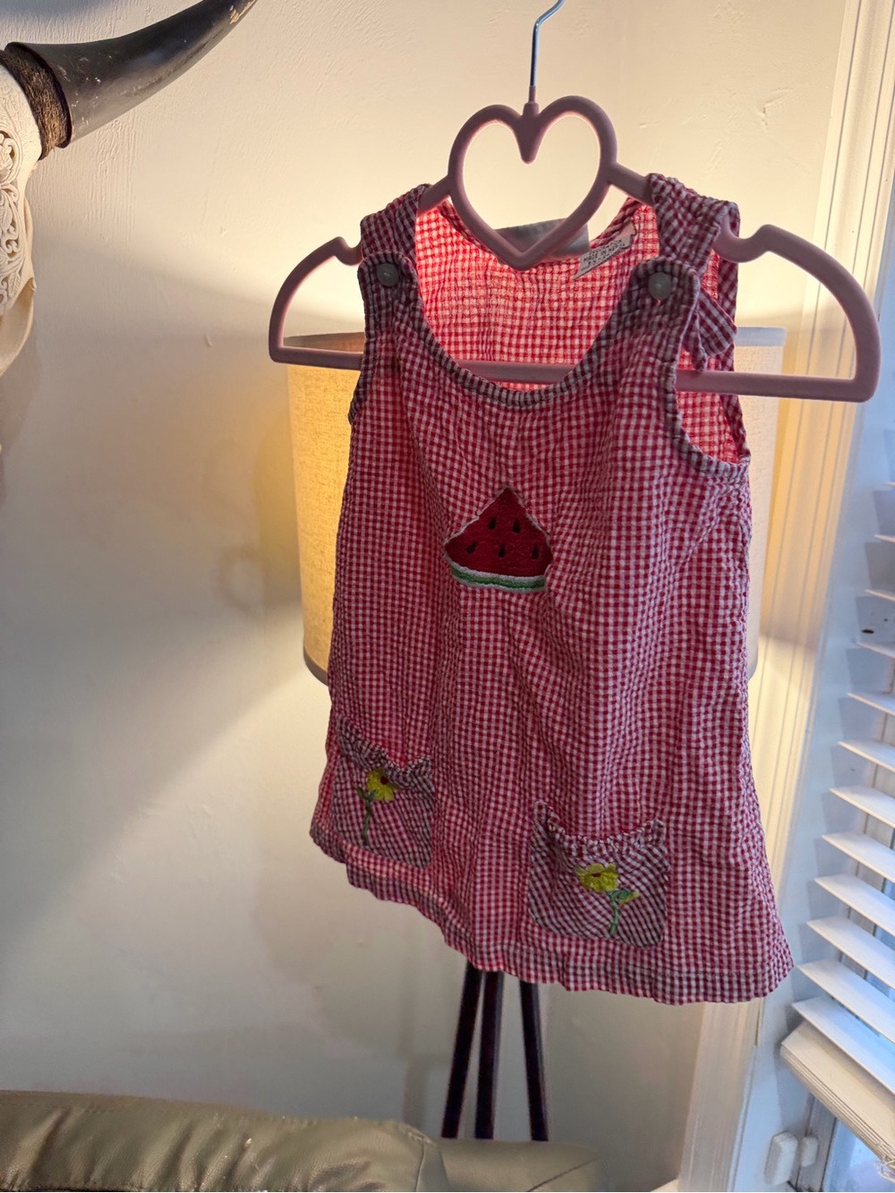 Red Gingham Watermelon Appliqué Girls' Sleeveless Dress Top